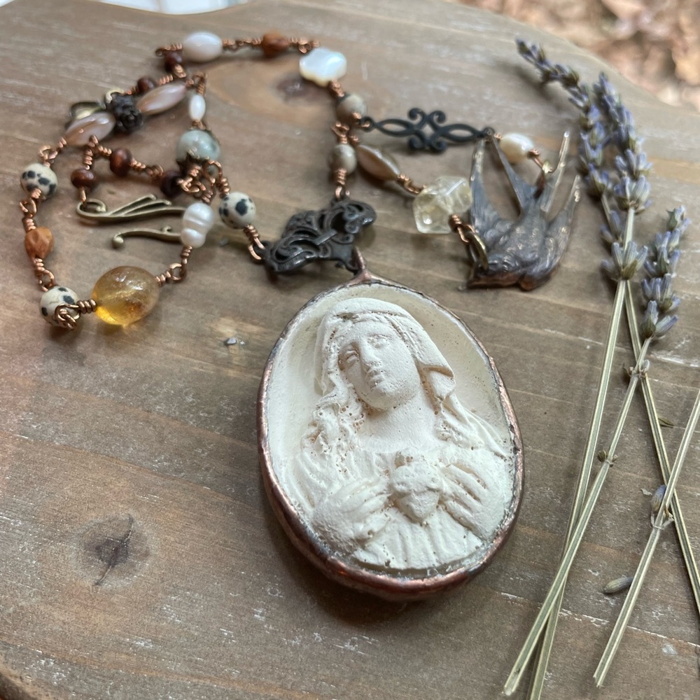 Virgin Mary Sacred Heart Rosary Inspired Necklace